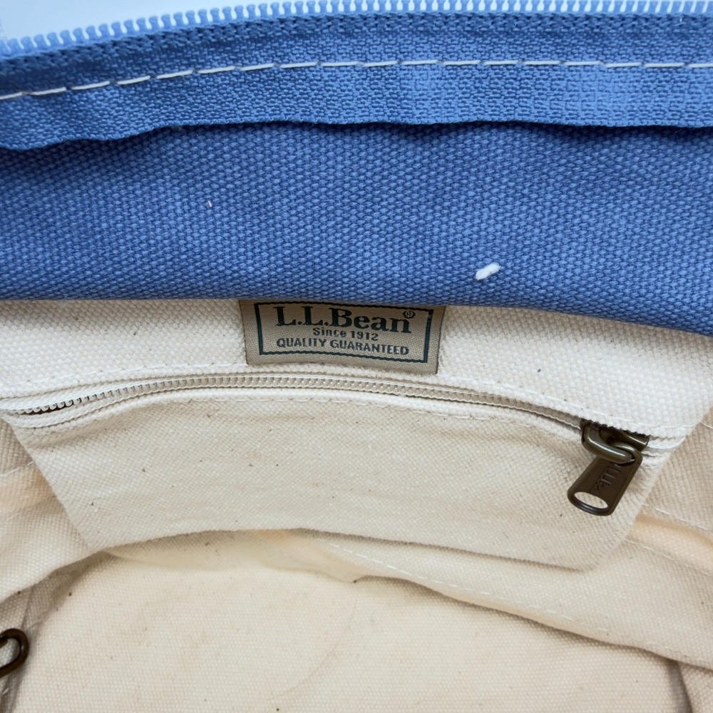 LL Bean Boat and Tote Zip Top Canvas Bag Blue White Stripe Yellow Dog Leather - Picture 5 of 7